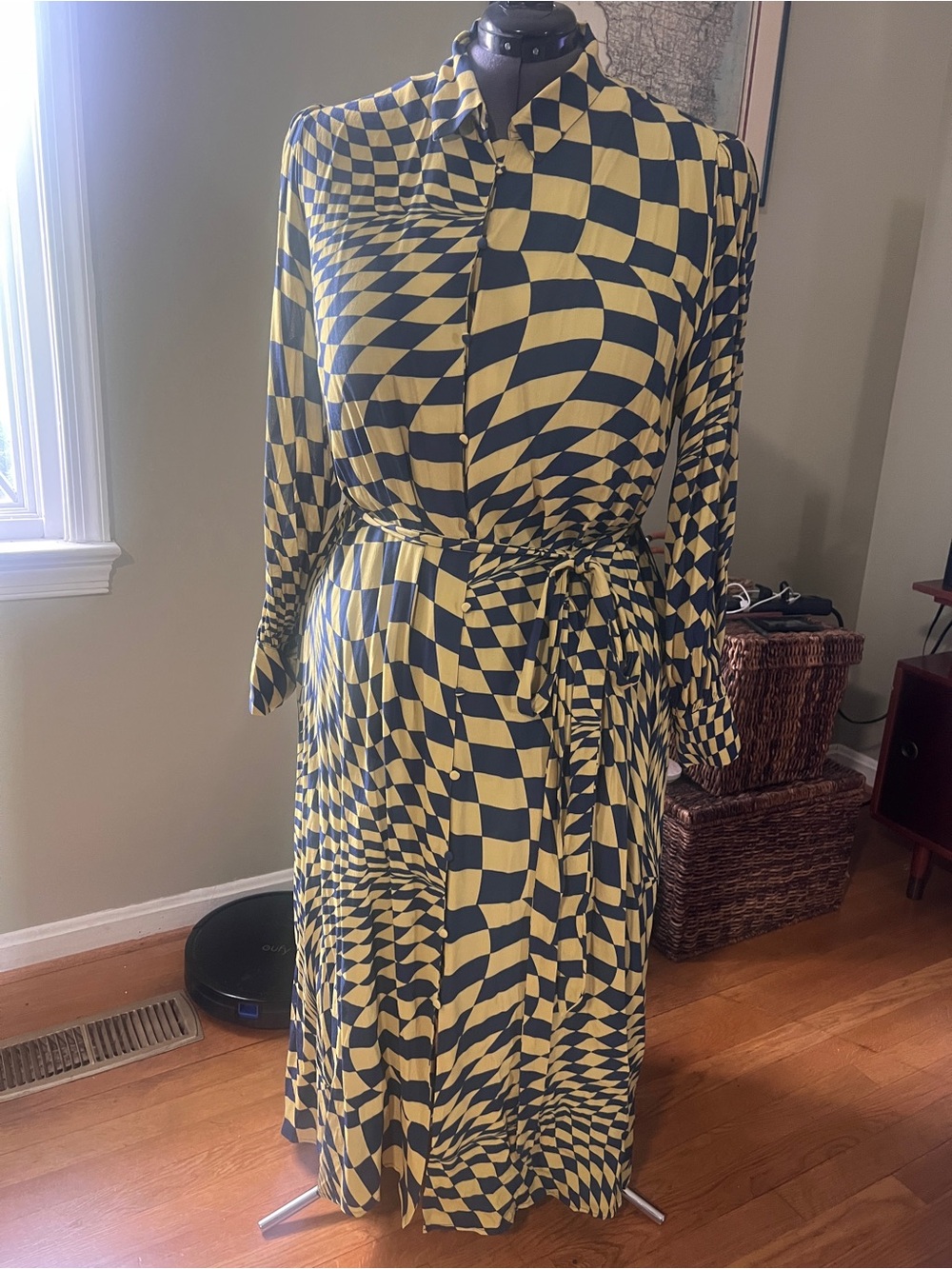 Karenbritchick x Amazon Drop Women’s Yellow & Navy Blue Optical-Check Midi Dress